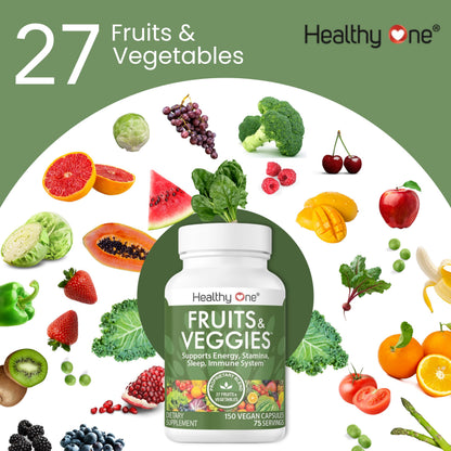 Fruits & Veggies Formula - 27 Premium Whole Foods - Organic Ingredients - Equals 3 Servings of Fruits & Vegetables - Improve Energy, Focus & Immune Function - Fiber - Antioxidants - 120ct (60 Serv) Healthy One buy supplements Au