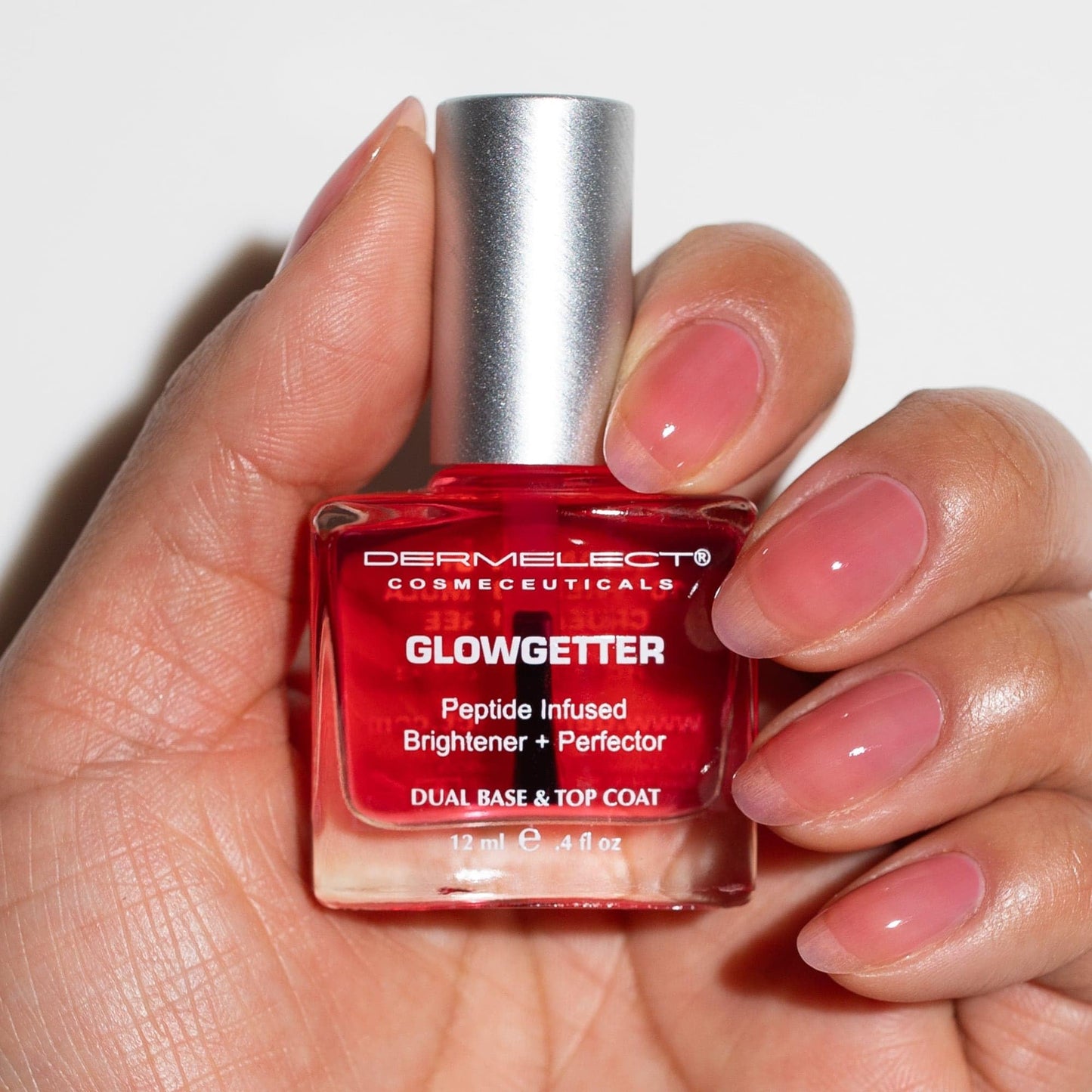 Dermelect Glowgetter Brightener + Perfector – Nail Strengthener, French Mani Tint & Glossy Top Coat | Repairs Yellowing, Peeling, Ridged & Damaged Nails - 0.4 fl oz