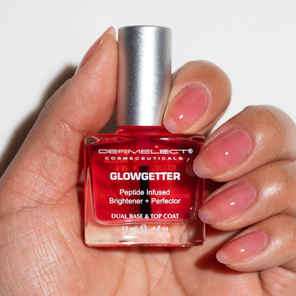 Dermelect Glowgetter Brightener + Perfector – Nail Strengthener, French Mani Tint & Glossy Top Coat | Repairs Yellowing, Peeling, Ridged & Damaged Nails - 0.4 fl oz