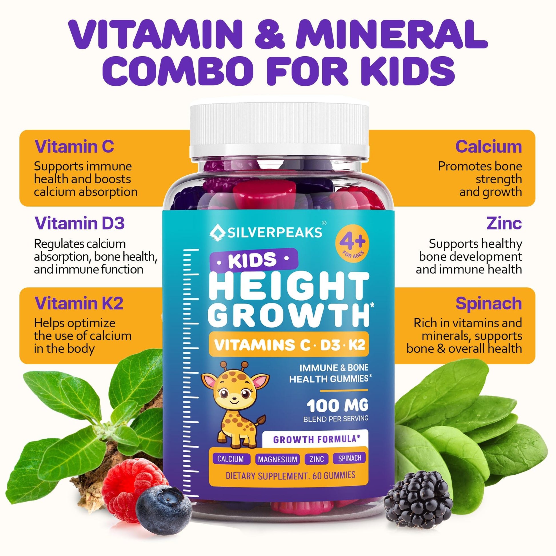Height Growth Gummies for Kids - Growth Vitamins for Teens, Height Increase Multivitamin for Boys & Girls with Calcium Vitamin D C K2 Magnesium Zinc, Natural Height Growth Maximizer Supplement, 60 PCS SILVERPEAKSBuy Supplements Australia