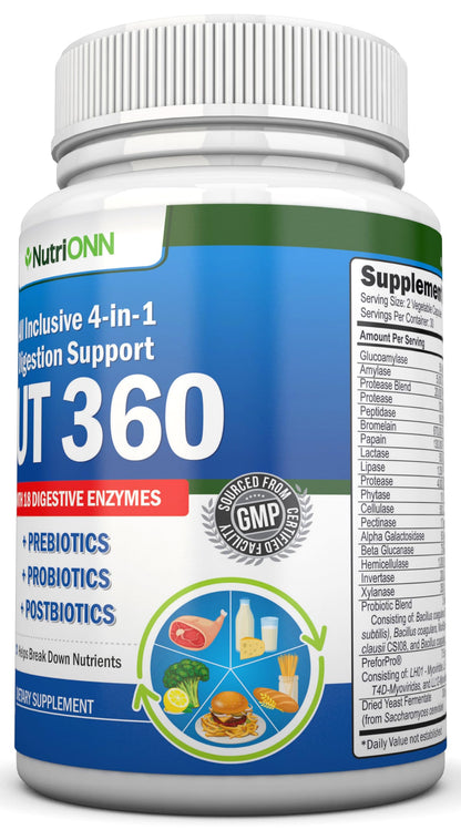 4-in-1 Probiotics, Prebiotics & Postbiotics with 18 Digestive Enzymes for Women & Men - Complete Gut & Digestive Support Supplement