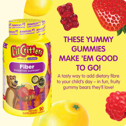 L’il Critters Fiber Daily Gummy Supplement for Kids, for Digestive Support, Berry and Lemon Flavors, 90 Gummies