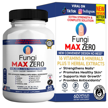 Fungi Max Zero supplement bottle and packaging on a white background