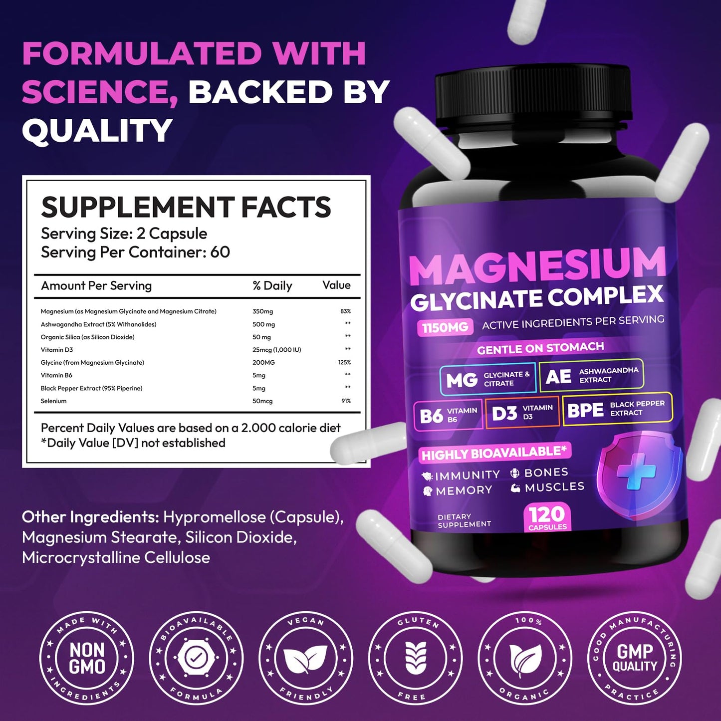 Magnesium Glycinate Complex 1150mg - Gentle on Stomach High Absorption Magnesium Capsules with Citrate, Silica, Ashwagandha & Vitamin B6 for Zzz, Stress Relief, Muscle Support for Adults, Women & Men Cytona buy supplements Au