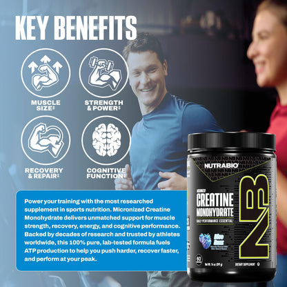 NutraBio Pure Micronized Creatine Monohydrate Powder Supplement, Blue Razz (300 g) - Supports Bulk Muscle Energy, Recovery, and Strength - HPLC Tested Creatine Powder Supplement for Men and Women