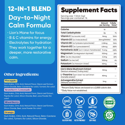 Venture Pal Calm Drink Mix, 12-in-1 Cortisol Reducer and Sleep Aid with Magnesium Glycinate, Ashwagandha, L-Theanine,Vitamin D, Calm Magnesium Powder