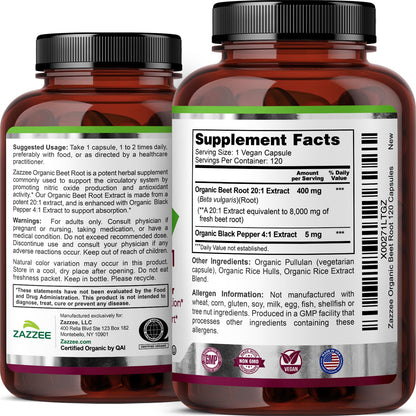Zazzee USDA Organic Beet Root 20:1 Extract, 120 Vegan Quick Release Capsules, 4 Month Supply, Nitric Oxide Support, Black Pepper Extract for Enhanced Absorption