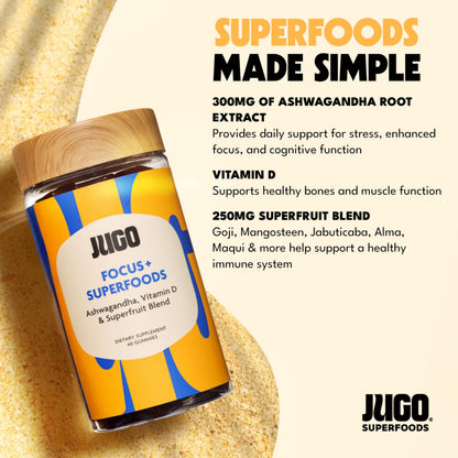 JUGO Focus + SUPERFOODS Ashwagandha Gummies with Vitamin D3 & Superfruit Blend, Vegetarian-Friendly Focus Supplement with Adaptogens, Gelatin-Free and Gluten-Free, Non-GMO, Made in USA, 40 Coun JUGO LLCBuy Supplements Australia