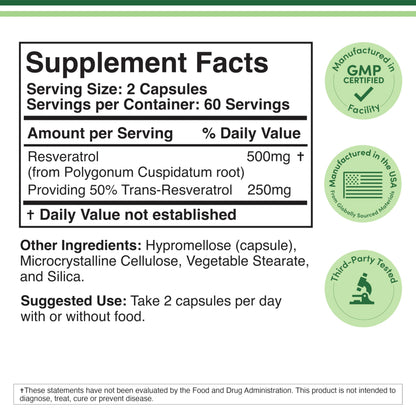 Resveratrol Supplement 500mg Per Serving, 120 Capsules (Resveratrol Polygonum Root Extract Providing 50% Trans Resveratrol)