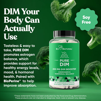 DIM Supplement Pure 200 Mg for Women or Men - Estrogen Hormone Balance Supplement for Energy, Fatigue, Stress, Menopause, Hot Flashes - Enhanced Bioavailability BioPerine - 60 Vegan Soft Capsules Eu Natural buy supplements Au