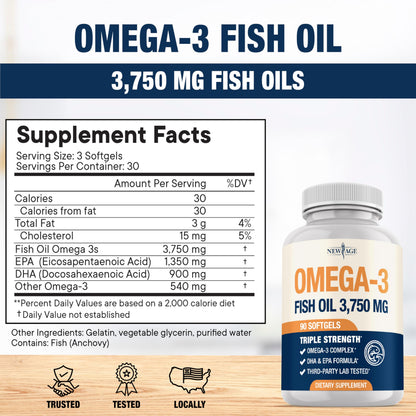 Triple Strength Omega 3 Fish Oil 3750 mg - EPA & DHA - Over 3000mg Omega-3 Fatty Acids - 1350mg EPA + 900mg DHA - Best Essential Fatty Acids, Burpless Fish Oil - 180 Count NEW AGE buy supplements Au