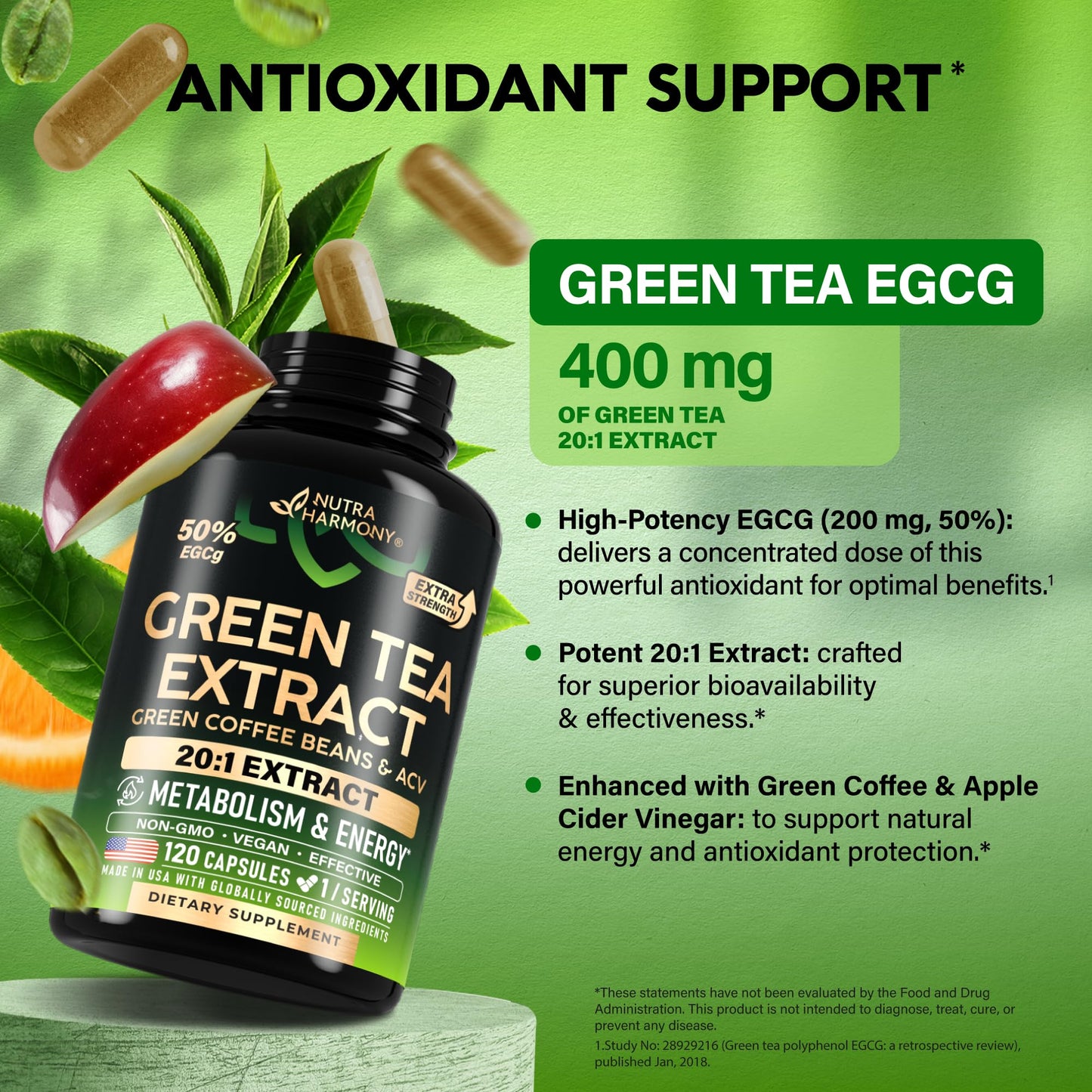 Green Tea Extract - 50% EGCG, Extra Strength 20:1 Extract - Natural Green Tea Supplement + Green Coffee Beans & Apple Cider Vinegar - Energy & Metabolism Support