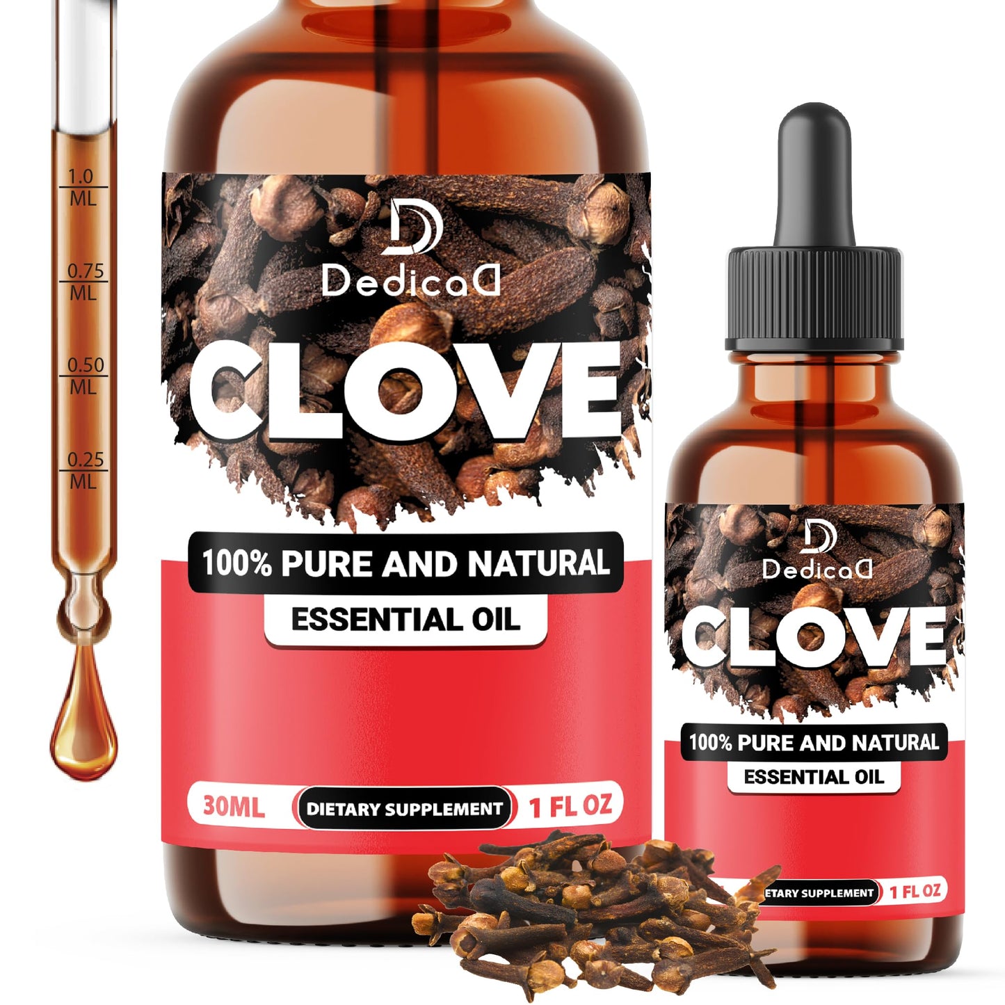 Two bottles of Dedica Clove essential oil with dropper on a white background