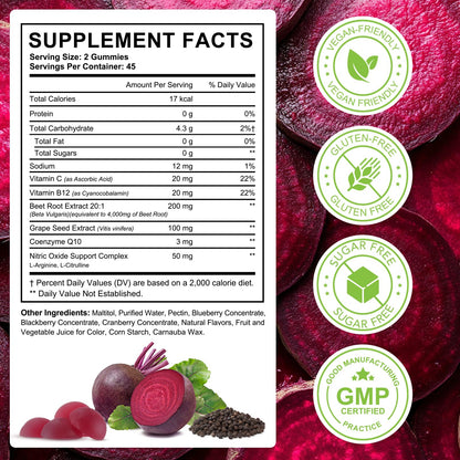 ECHTEYUN Super Beetroot Gummies, 8 in 1 Beet Root 4,000mg with Grape Seed Extract & CoQ10, Sugar Free - 90 Count (1)