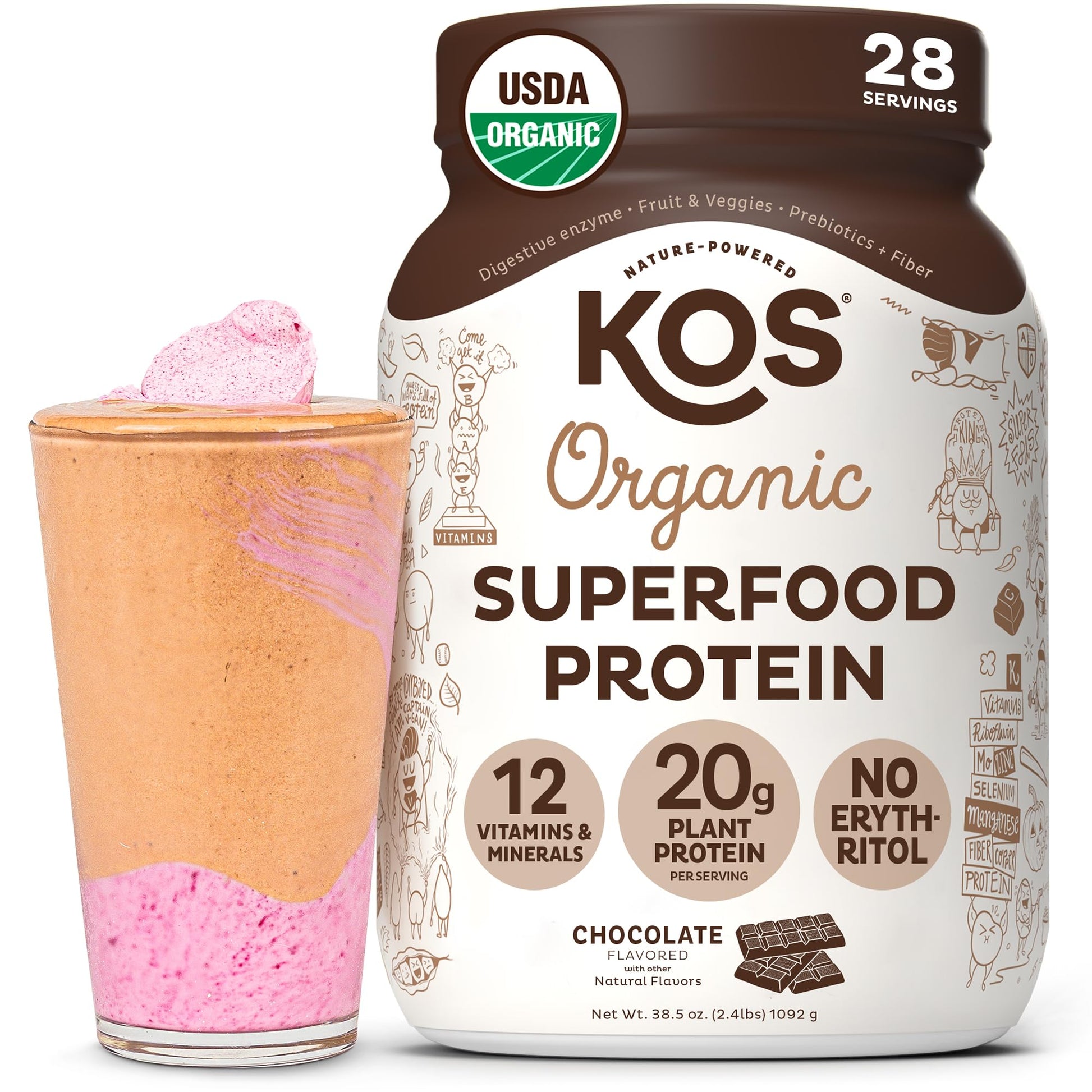 KOS Vegan Protein Powder Erythritol Free, Chocolate - Organic Pea Protein Blend, Plant Based Superfood Rich in Vitamins & Minerals - Keto, Dairy Free - Meal Replacement for Women & Men, 28 Servings KOS buy supplements Au