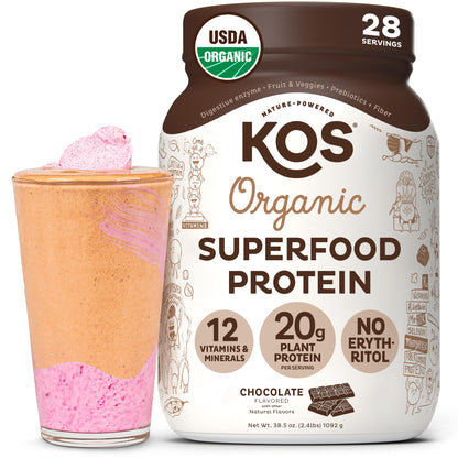 KOS Vegan Protein Powder Erythritol Free, Chocolate - Organic Pea Protein Blend, Plant Based Superfood Rich in Vitamins & Minerals - Keto, Dairy Free - Meal Replacement for Women & Men, 28 Servings KOS buy supplements Au