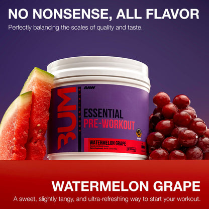 RAW Essential Pre-Workout Powder (Watermelon Grape) - Chris Bumstead Sports Nutrition Supplement for Men & Women - Preworkout Energy Powder with Caffeine, L-Citrulline,