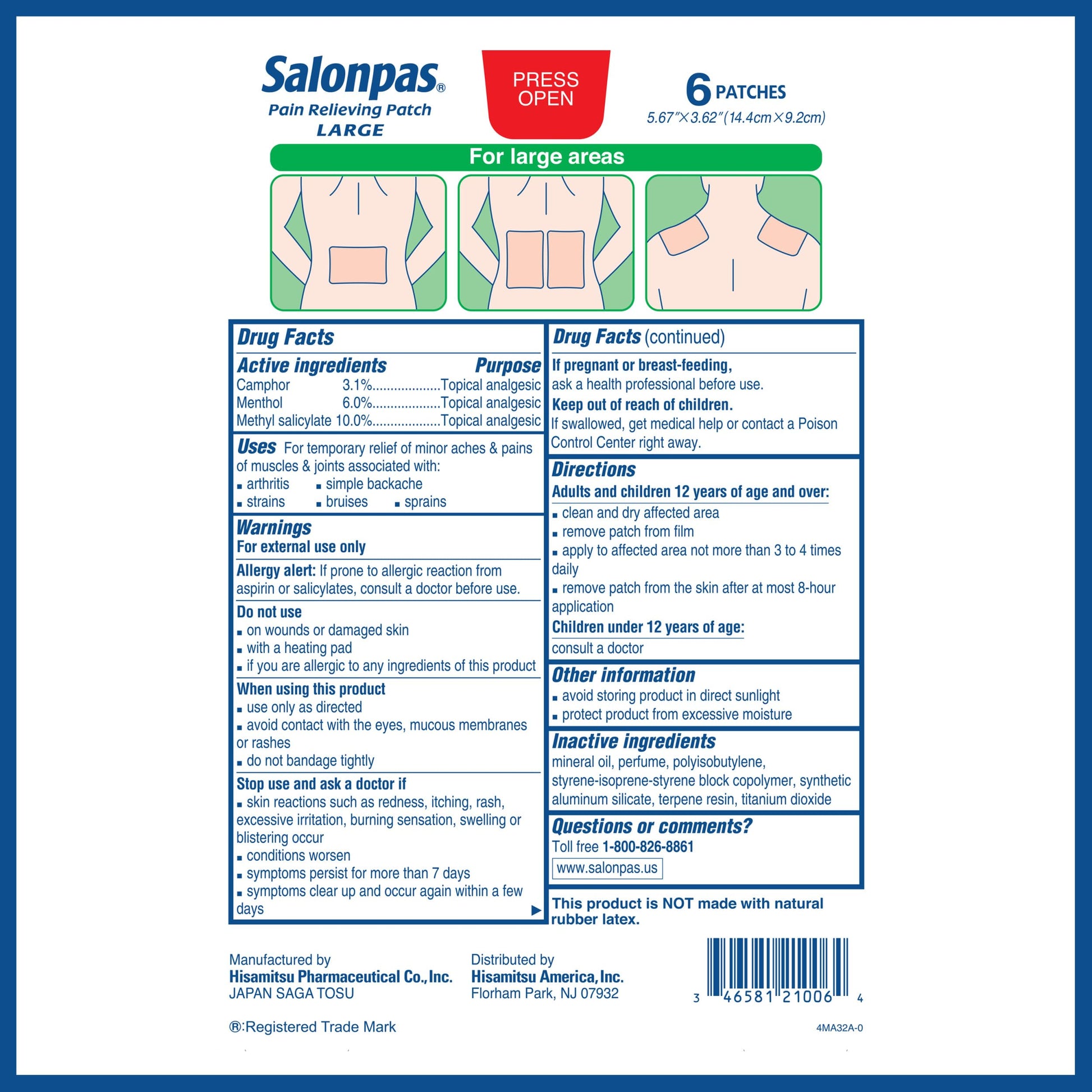 Salonpas Pain Relieving Patch, Large, 6 Count, for Back, Neck, Shoulder, Knee Pain and Muscle Soreness, 8 Hour Pain Relief Salonpas buy supplements Au