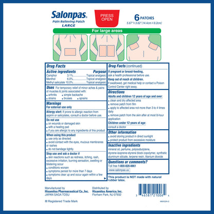 Salonpas Pain Relieving Patch, Large, 6 Count, for Back, Neck, Shoulder, Knee Pain and Muscle Soreness, 8 Hour Pain Relief Salonpas buy supplements Au