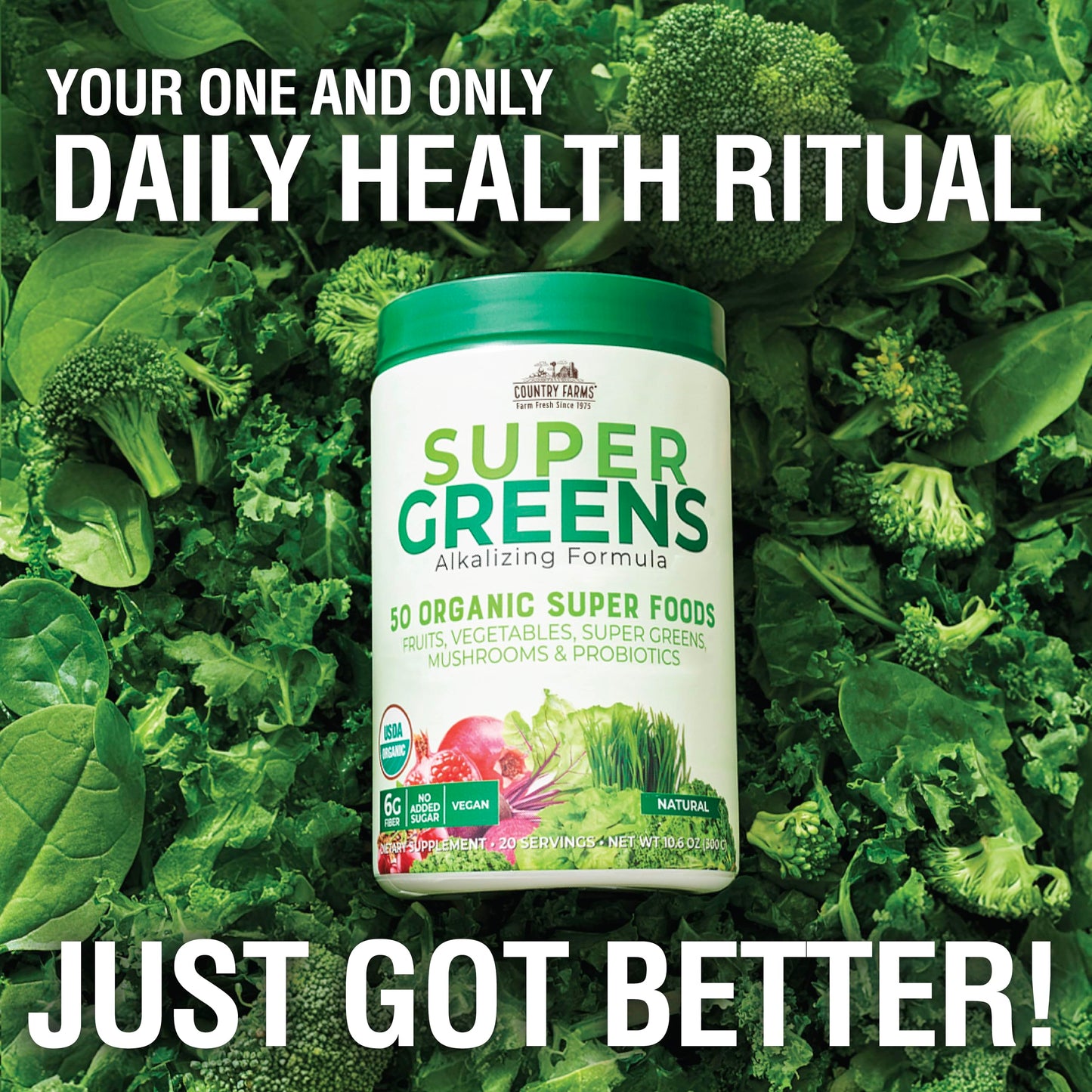 Country Farms Organic Super Greens Natural Flavor, 50 Organic Super Foods, Packed with Fiber, USDA Organic Drink Mix, Fruits, Vegetables, Mushrooms & Probiotics