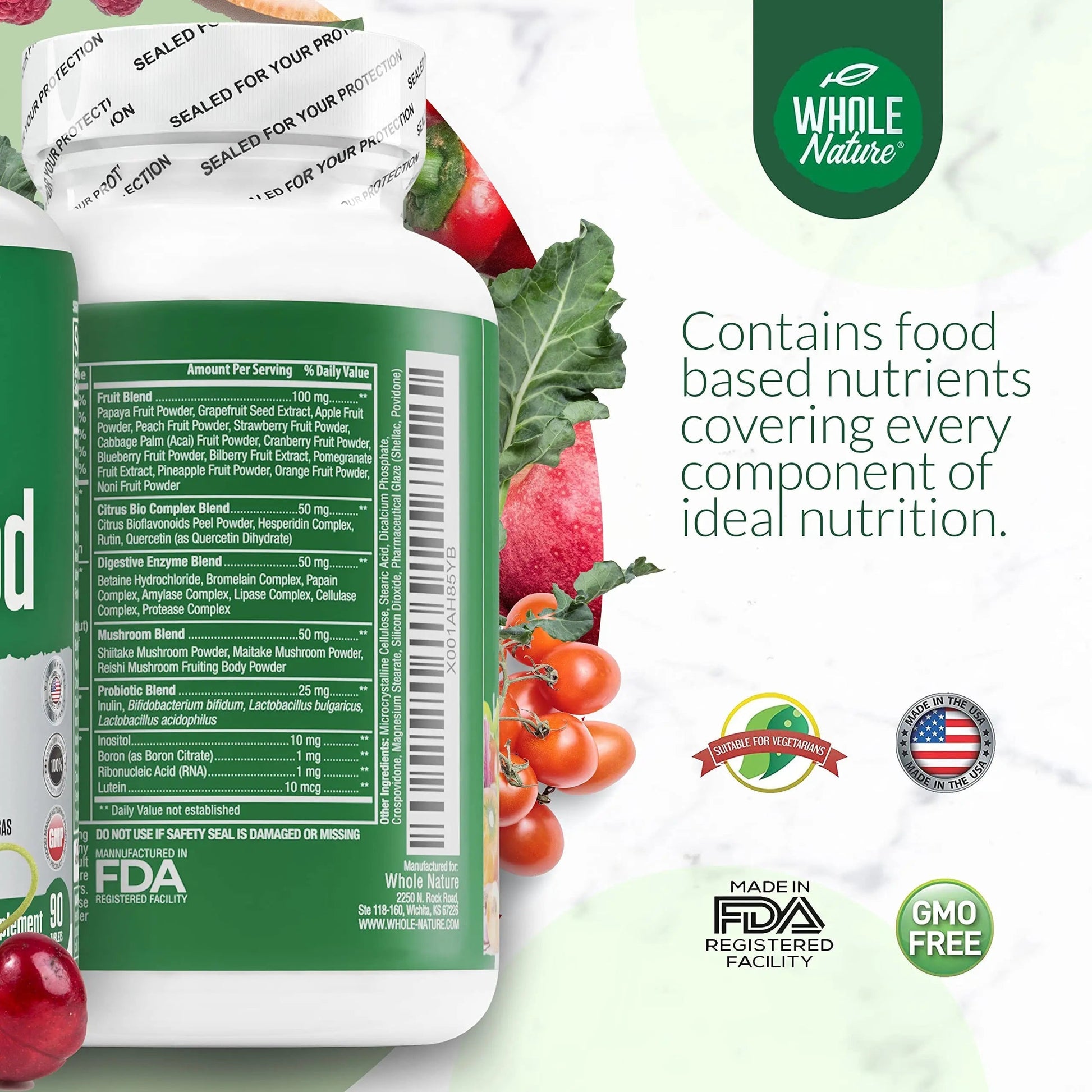 Whole Nature Whole Food Multivitamin for Men and Women Complete Daily Superfood Vitamins Plus Minerals Digestive Enzymes Whole Nature