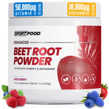 SPORTFOOD Beet Root Powder with Niacinamide & Vitamin C - Superfood for Circulation, Energy, & Stamina | Vegan, Non-GMO, Nitric Oxide Boost for Pre-Workout & Heart Health | Mixed Berry Flavor | 7.7oz Sport FoodBuy Supplements Australia