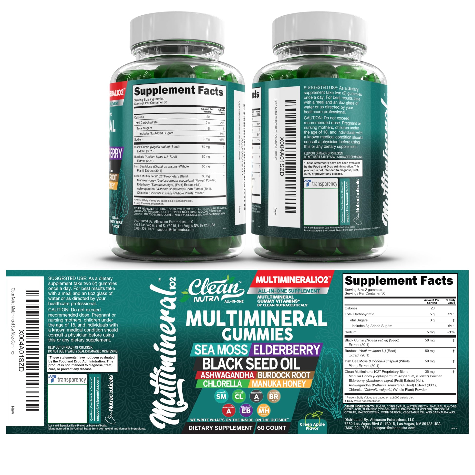 Sea Moss Gummies | Clinically Tested - Black Seed Oil Ashwagandha Elderberry Burdock Root Chlorella Manuka Honey - Vegan Irish Sea Moss Gummy Vitamins for Adults Kids Men Women - Green Apple Flavor Clean NutraceuticalsBuy Supplements Australia