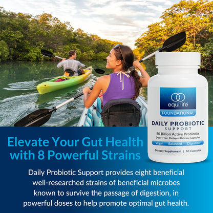 Equilife Daily Probiotic Support, 50 Billion CFU, 8 Probiotic Strains, Digestive and Gut Health Supplement for Men and Women, Gluten Free, Soy and Dairy Free