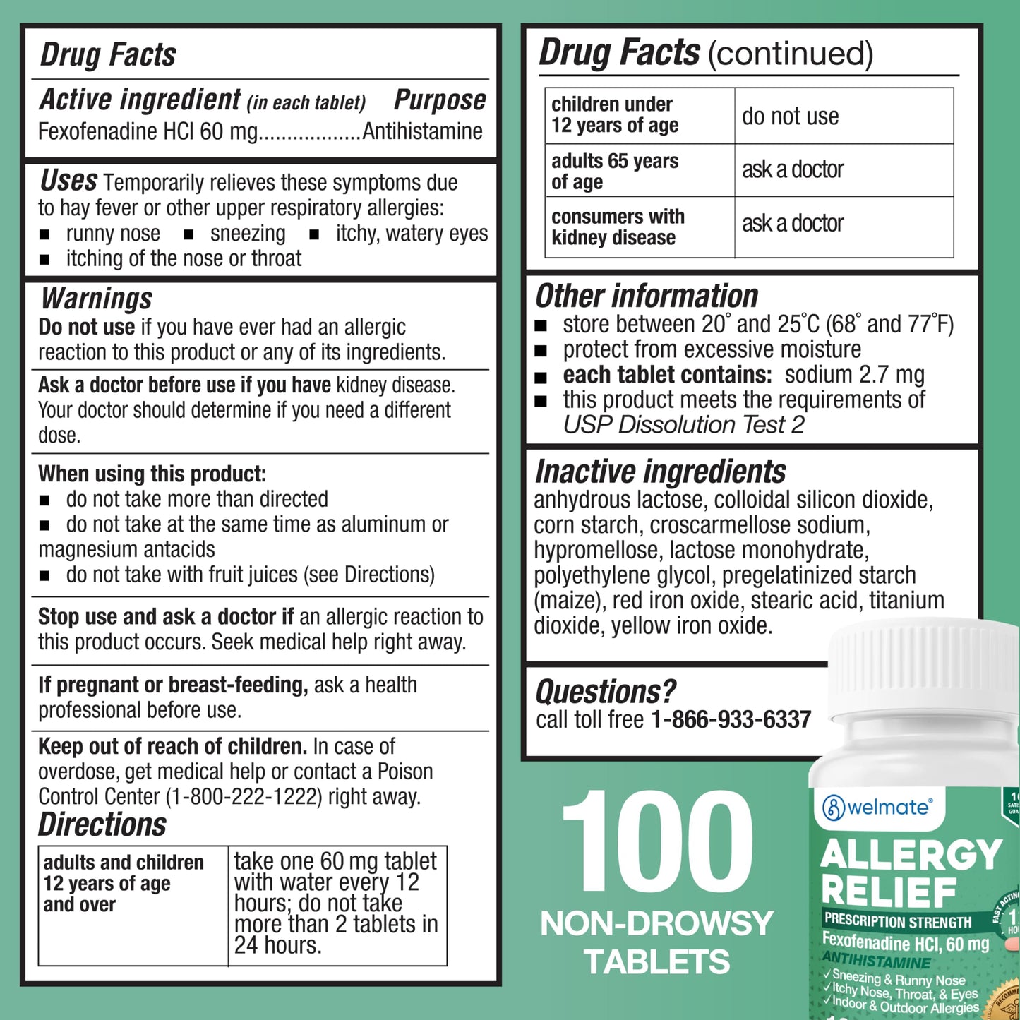 WELMATE - Fexofenadine Hydrochloride 60mg (100 Tablets) - Non Drowsy Allergy Medicine - 12 Hours - Antihistamine - Nose, Eyes, Throat - Generic Allergy Pills - Gluten Free, Over-the-Counter Medication WELMATE buy supplements Au