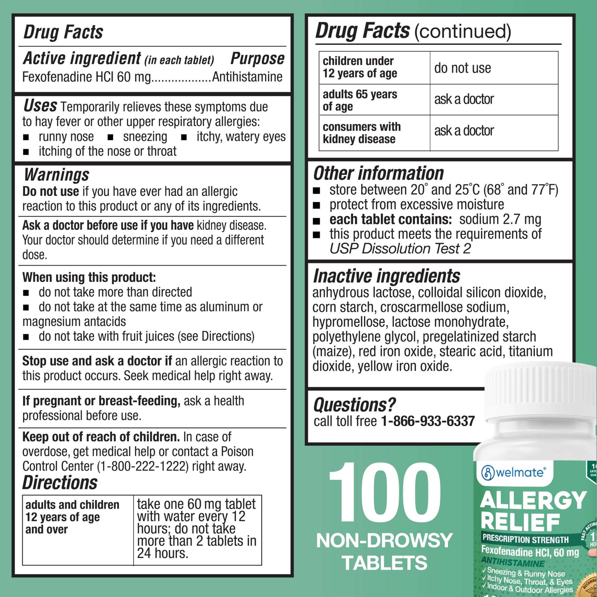 WELMATE - Fexofenadine Hydrochloride 60mg (100 Tablets) - Non Drowsy Allergy Medicine - 12 Hours - Antihistamine - Nose, Eyes, Throat - Generic Allergy Pills - Gluten Free, Over-the-Counter Medication WELMATE buy supplements Au