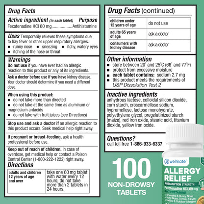 WELMATE - Fexofenadine Hydrochloride 60mg (100 Tablets) - Non Drowsy Allergy Medicine - 12 Hours - Antihistamine - Nose, Eyes, Throat - Generic Allergy Pills - Gluten Free, Over-the-Counter Medication WELMATE buy supplements Au