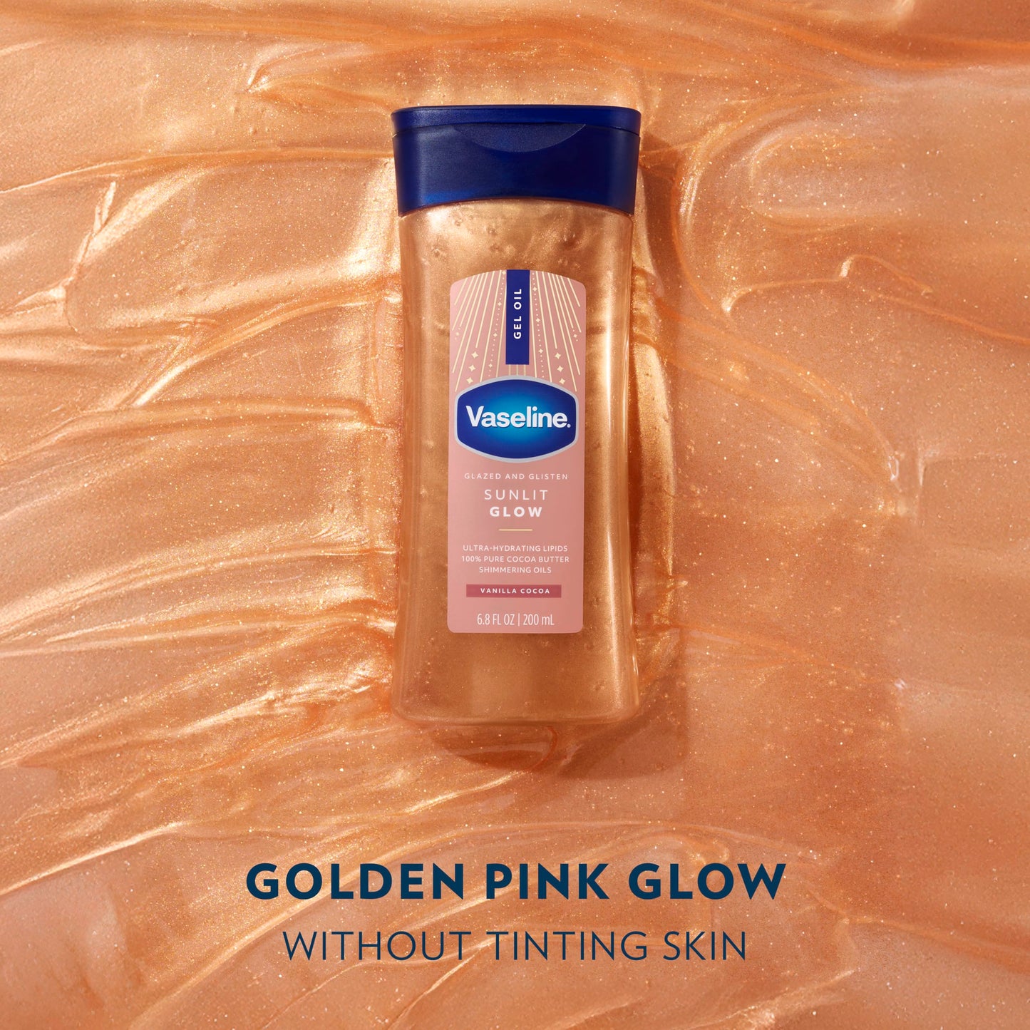 Vaseline Glazed and Glisten Sunlit Glow Body Gel Oil Vanilla Cocoa Shimmering with Ultra-Hydrating Lipids
