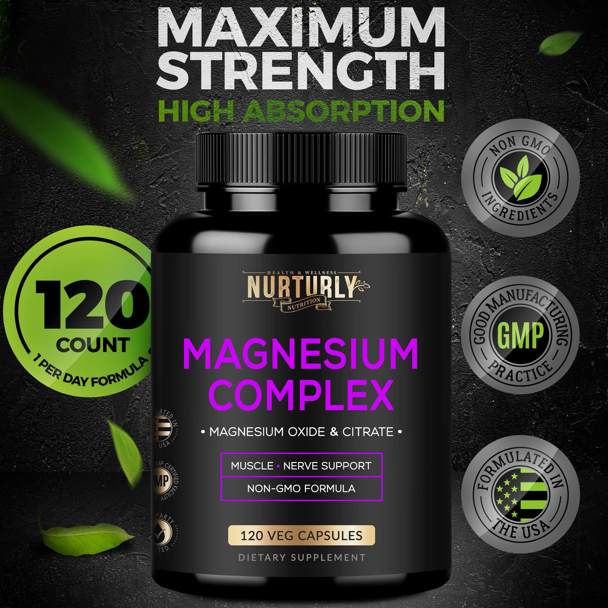Magnesium Citrate & Oxide 500mg Complex Supplement - High Absorption Maximum Strength - Helps Support Bone Density and Strength, Muscles, Energy and Sleep - 120 Vegan Capsules NURTURLY buy supplements Au