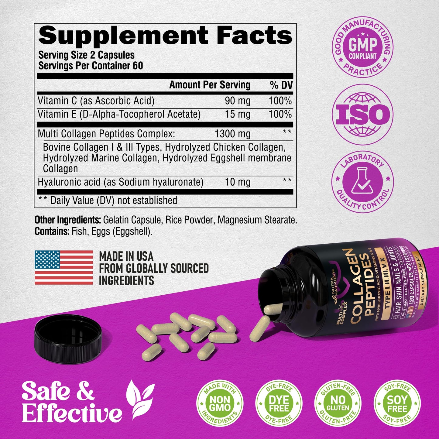 Multi Collagen Peptides - Hydrolyzed Types I, II, III, V & X - Collagen Supplement for Women 1300mg - w/ Hyaluronic Acid, Vitamins C & E - Skin, Hair, Nails & Joint Support - Made in USA, 120 Capsules NUTRAHARMONY buy supplements Au