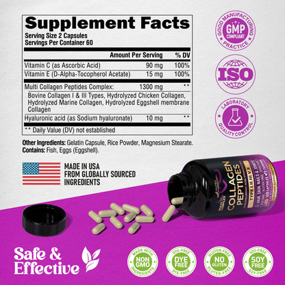 Multi Collagen Peptides - Hydrolyzed Types I, II, III, V & X - Collagen Supplement for Women 1300mg - w/ Hyaluronic Acid, Vitamins C & E - Skin, Hair, Nails & Joint Support - Made in USA, 120 Capsules NUTRAHARMONY buy supplements Au