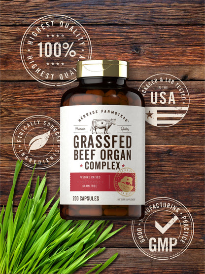 Carlyle Grass Fed Beef Organ Complex | 200 Capsules | Pasture Raised, Grain Free Supplement | with Desiccated Liver, Kidney, Pancreas, Heart, Spleen