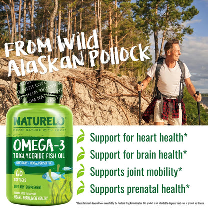 NATURELO Burpless Omega 3 Fish Oil Supplement - 1100mg Triglyceride Omega-3, EPA + DHA, Liquid Fish Oil for Heart, Eye, Brain, Joint Health