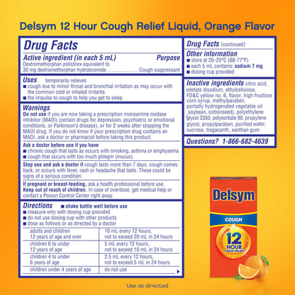 Delsym 12 Hour Cough Medicine for Adults, Powerful Relief for 12 Hours, Cough Suppressant Liquid with Extended-Release Dextromethorphan, Orange Flavor Liquid Cough Syrup, 5 Fl Oz (Pack of 1) Delsym buy supplements Au