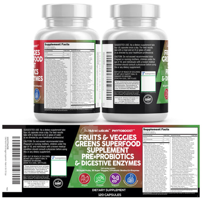 Clean Nutraceuticals Fruits and Veggies Supplement Reds & Green Superfood - Balance of Over 70 Fruit & Vegetable Supplements Capsules with Probiotics Prebiotics