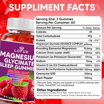 Lofux Magnesium Glycinate Gummies 400mg, Sugar Free Magnesium Gummies for Adults Women, Men, Chewable Supplement Gummy with L-Threonate, Vitamin D, B6, CoQ10 - for Calm, Sleep, Body Relaxation, 120 Ct LofuxBuy Supplements Australia