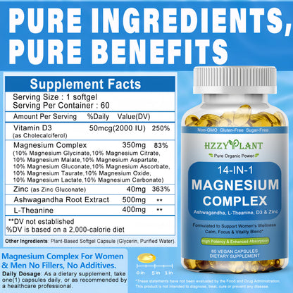 Magnesium Complex Softgels, High Absorption Magnesium Supplement with Glycinate, Citrate, Malate, Taurate, 14-in-1 Magnesium Complex for Women & Men for Muscle, Heart, Sleep Support, 2 Month Supply HZZYPLANT buy supplements Au