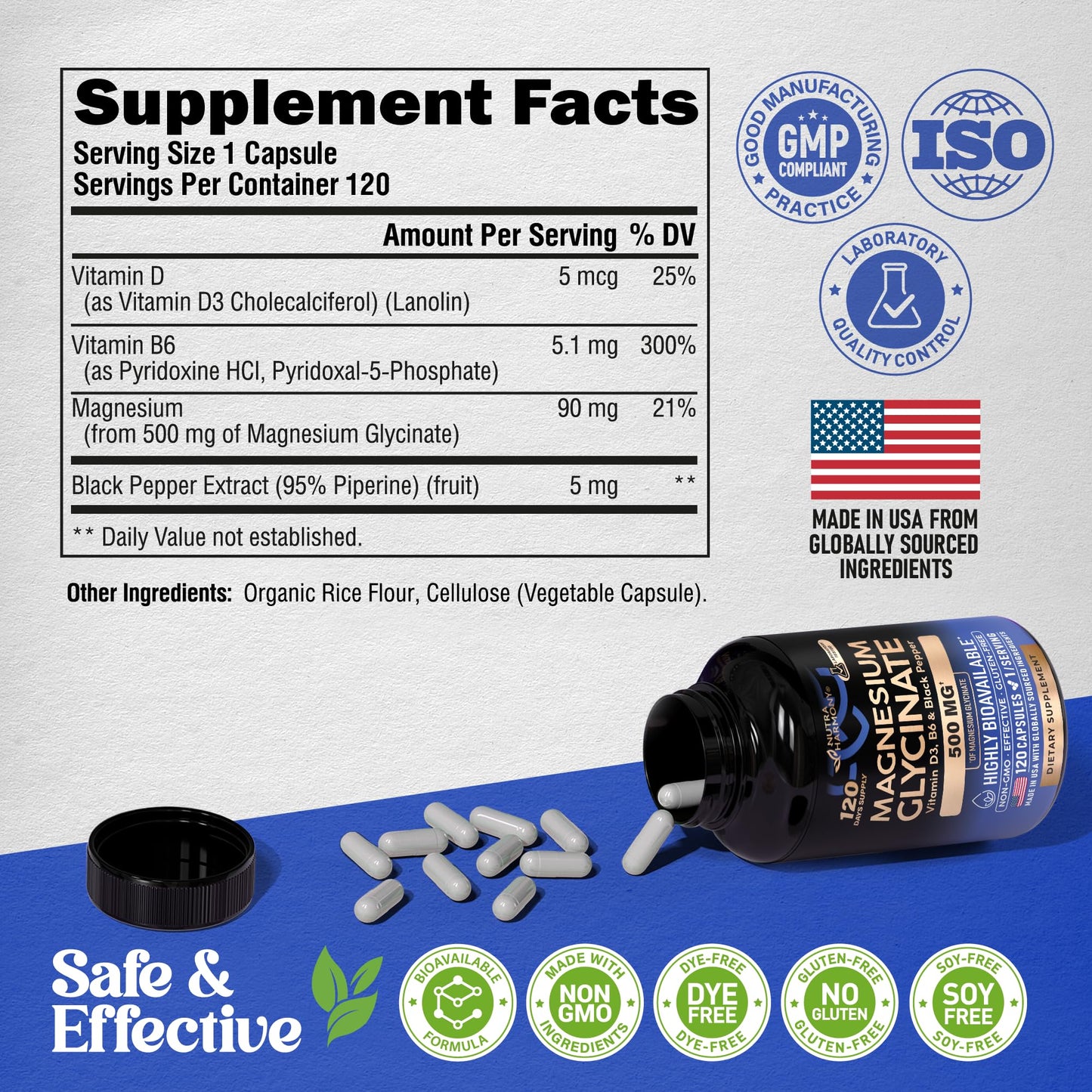 Magnesium Glycinate 500 mg - Chelated Supplement - High Absorption Form of Magnesium - Support for Sleep, Muscle & Heart Health - Made in USA, Lab Tested & Non-GMO - 120 Capsules NUTRAHARMONYBuy Supplements Australia