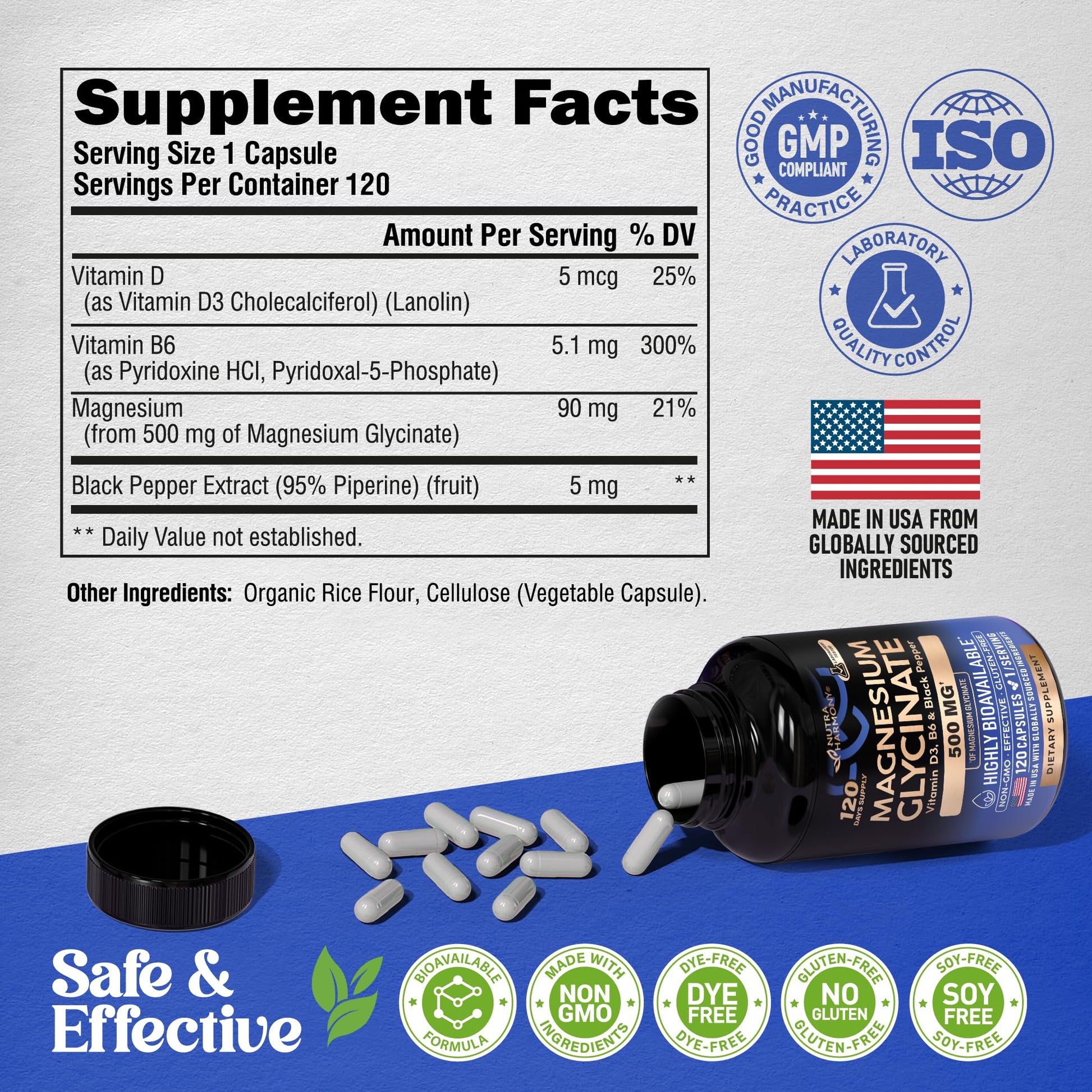 Magnesium Glycinate 500 mg - Chelated Supplement - High Absorption Form of Magnesium - Support for Sleep, Muscle & Heart Health - Made in USA, Lab Tested & Non-GMO - 120 Capsules NUTRAHARMONYBuy Supplements Australia
