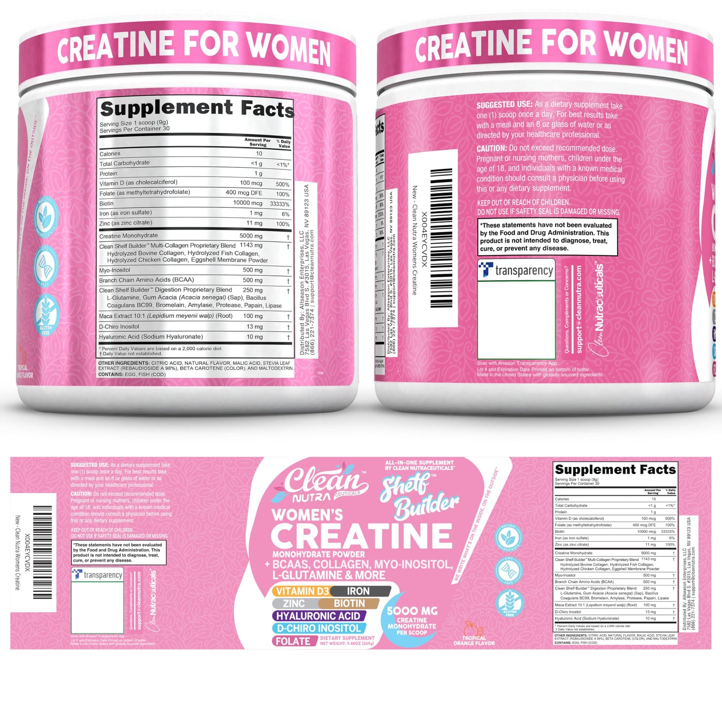 Creatine for Women | Creatine Monohydrate + Powder Myo-Inositol Collagen Biotin Hyaluronic Acid Folate L Glutamine Vitamin D3 Iron Zinc