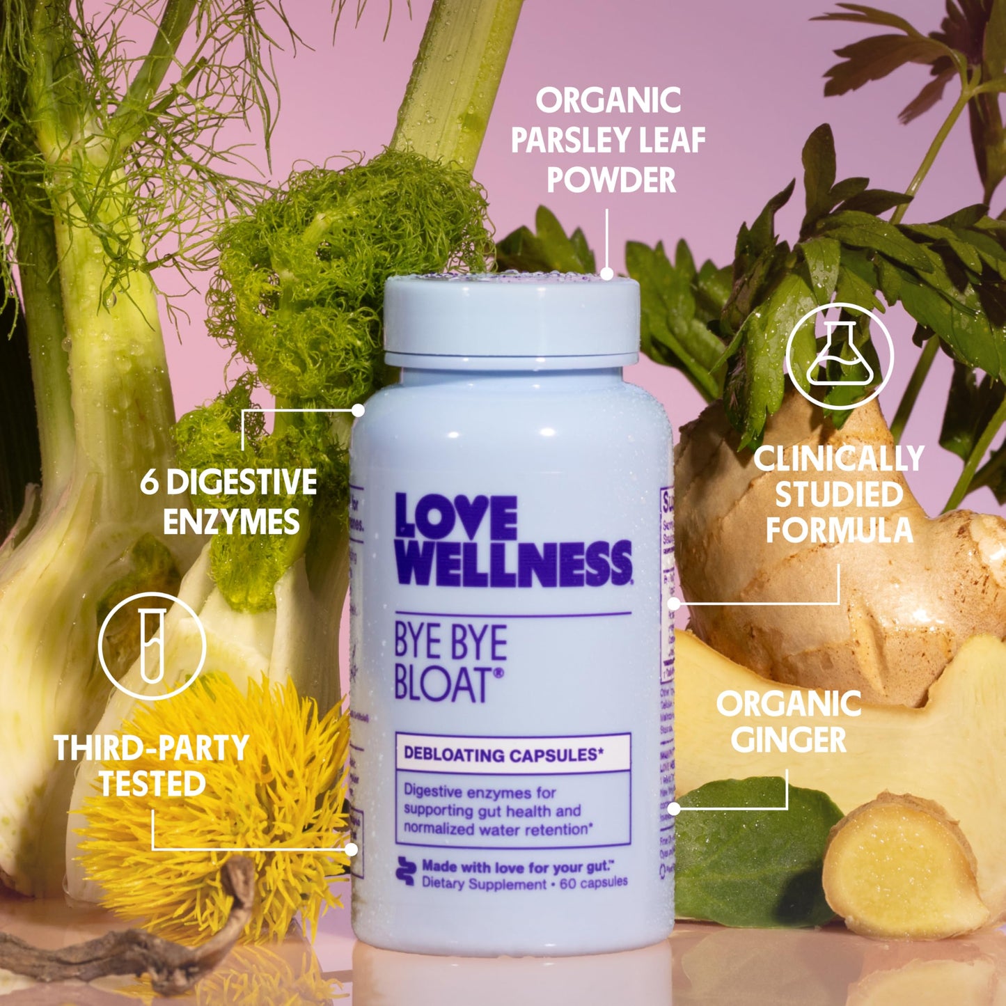 Love Wellness Bye Bye Bloat | Digestive Enzymes for Fast Acting Bloating Relief for Women | Helps Reduce Water Retention & Gas Relief | Supports Digestive Health