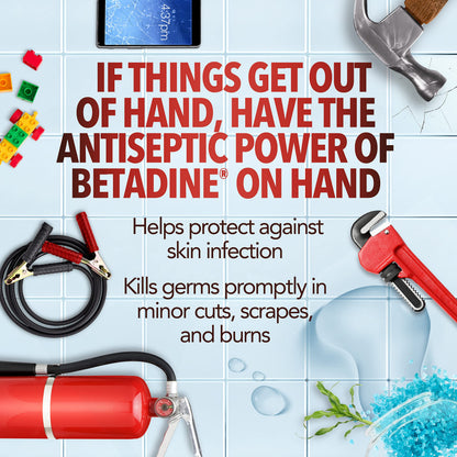 Betadine Antiseptic First Aid Solution, Povidone-Iodine 10%, Infection Protection, Kills Germs in Minor Cuts Scrapes and Burns, No Sting Promise, No Alcohol or Hydrogen Peroxide, 8 FL OZ