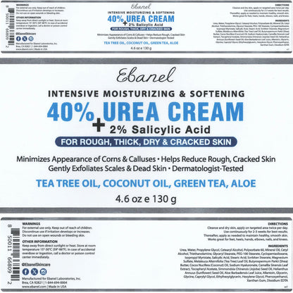 Ebanel Urea Cream 40% plus Salicylic Acid 2%, Foot Cream for Dry Cracked Heels Feet Knees Elbows Hands, Foot Dead Skin Cuticle Callus Remover Toenail Softener, Keratolytic Skin Barrier Repair