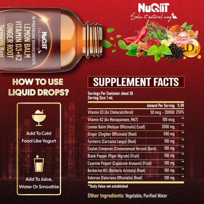 NUQIIT 10in1 Lemon Balm Tincture Blend Includes Vitamin D3, Vitamin K2, Lemon Balm, Ginger, Turmeric, Ceylon Cinnamon and More - 1 FL Oz - 60 Day Supply NUQIITBuy Supplements Australia