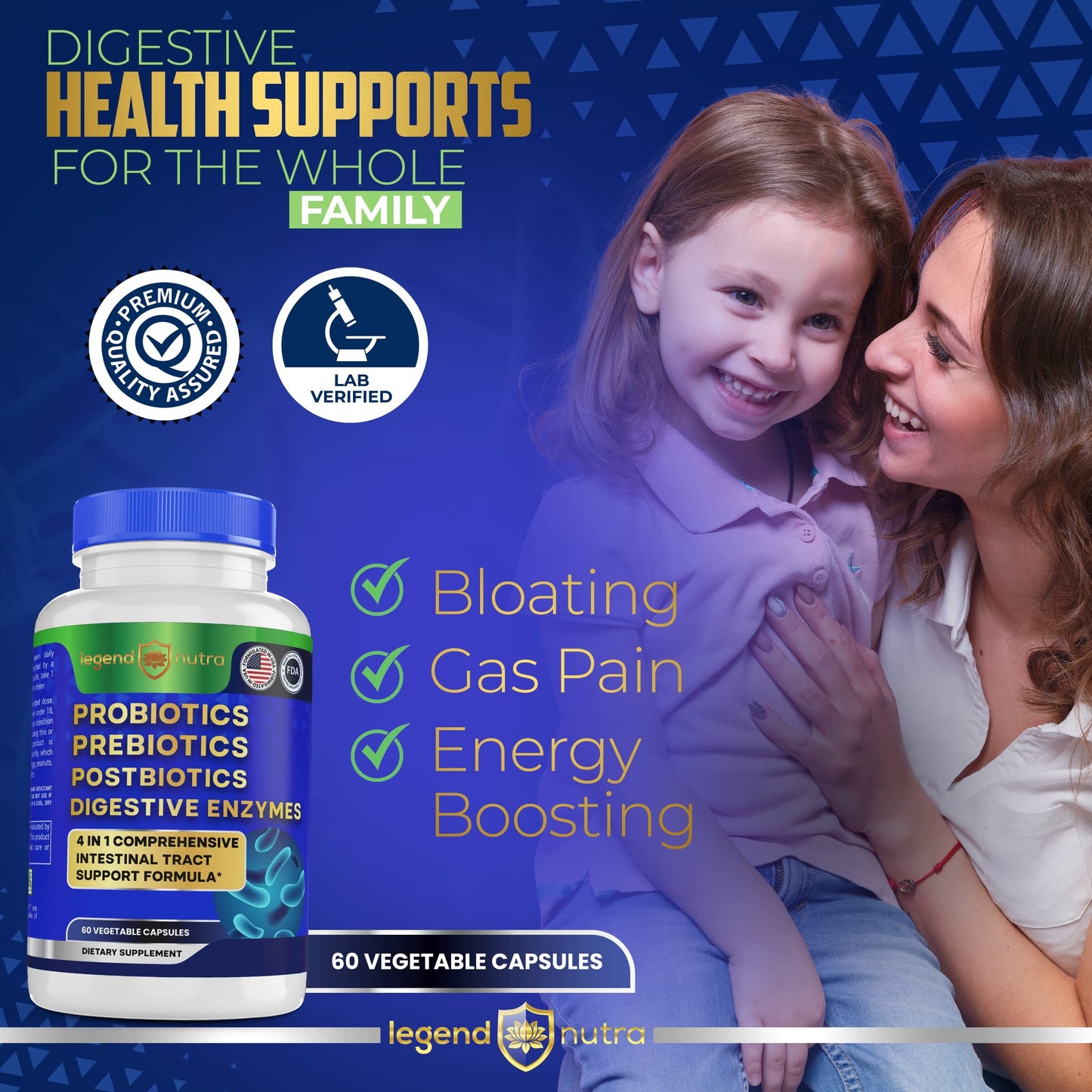 Legend Nutra Probiotics + Prebiotics Postbiotics Digestive Enzymes = 4 in 1 Formula Supplement for Better Digestion Health Women