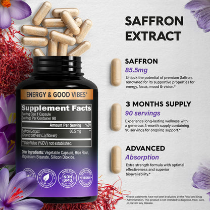 Natural Saffron Supplements - Pure Saffron Extract 88.5 mg - Made in USA - Mood | Focus | Vision | Energy Support - Eye Health for Women & Men - NonGMO Vegan Pills - 90 Powder Capsules, 3 Month Supply NUTRAHARMONYBuy Supplements Australia